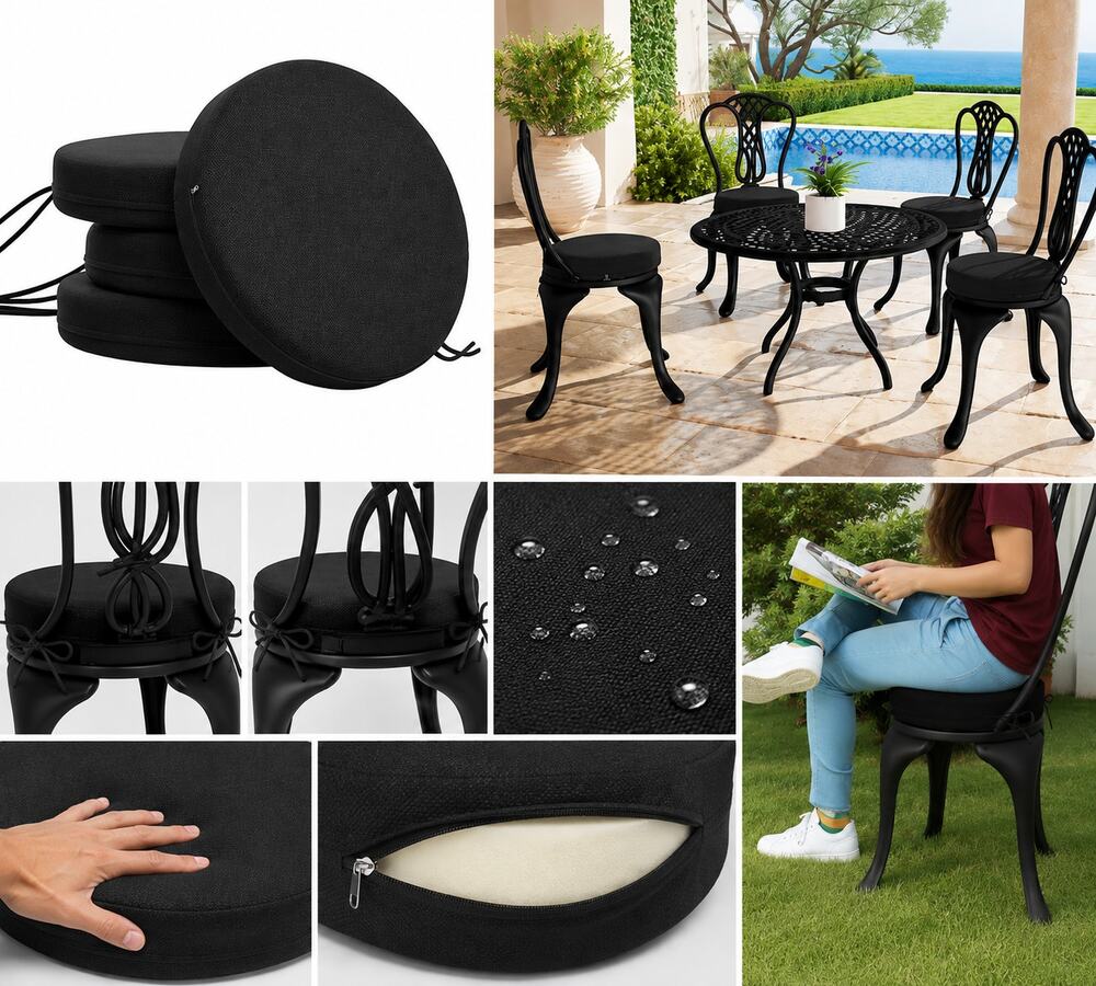 Set of 4 Black Round Chair Cushions – 15" Tie-On Seat Pads